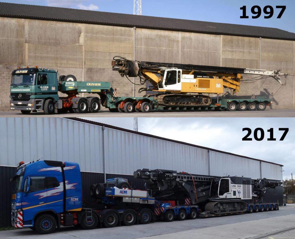 Side-by-side comparison of a Liebherr HS832HD with Messmann leader from Olivier in transport in 1997 and a Liebherr LRB355 of Votquenne in transport in 2017, photographed at the same location.