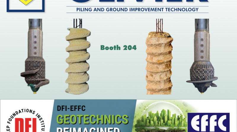 OLIVIER logo with booth number 204 and drilling auger images advertising geotechnics exhibit (Brussels, May 2025).