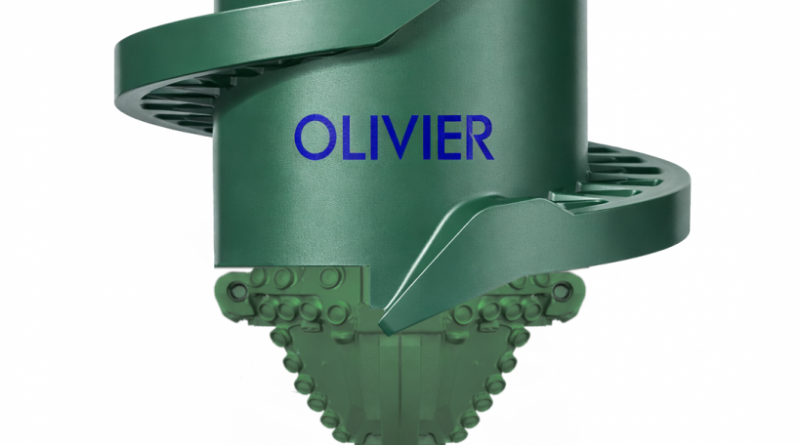 Close-up of a green CNC milling cutter with helical flutes and the word OLIVIER printed on its body.