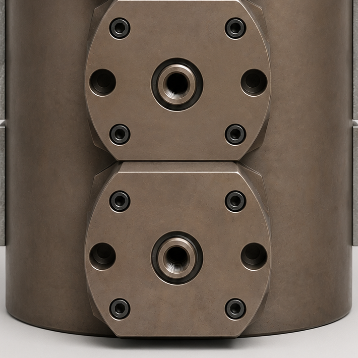 Close-up of two brownish circular mounting plates with central threaded holes on a cylindrical metal housing.