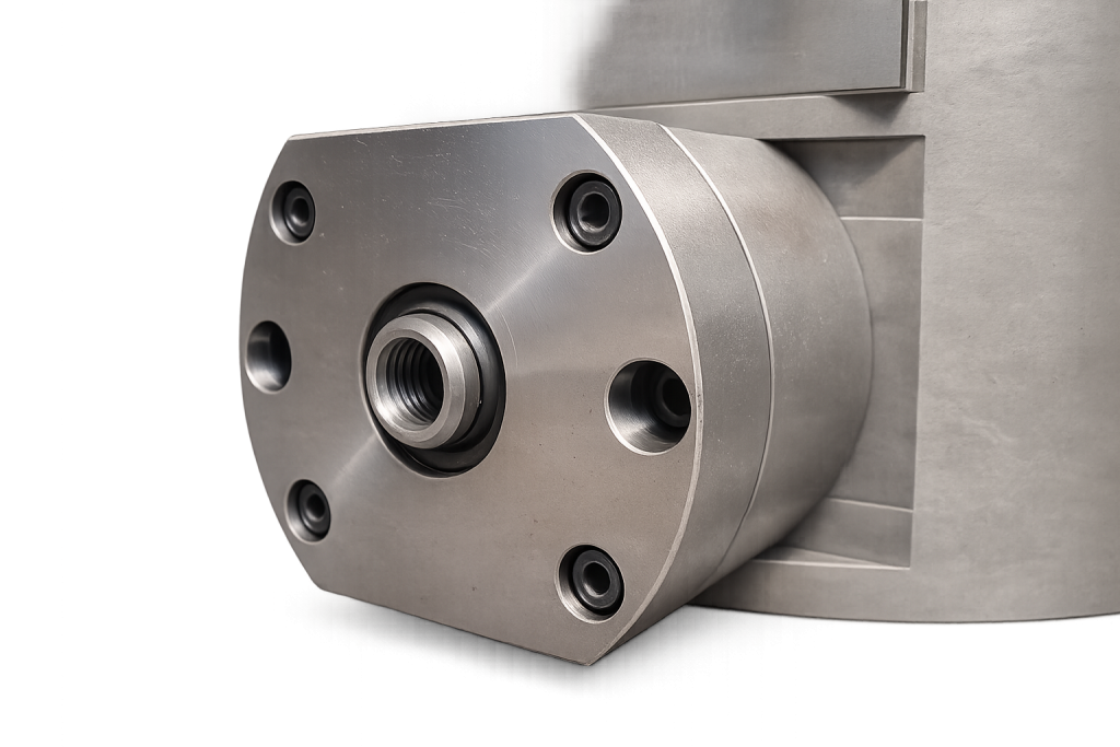 Industrial metal coupling with a central threaded bore and six surrounding holes, mounted to a machine surface (machined precision component)