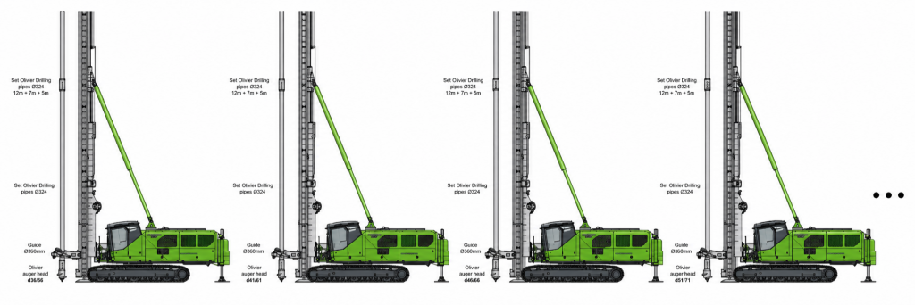 Example: the same drill-pipe set with four different Olivier auger heads.